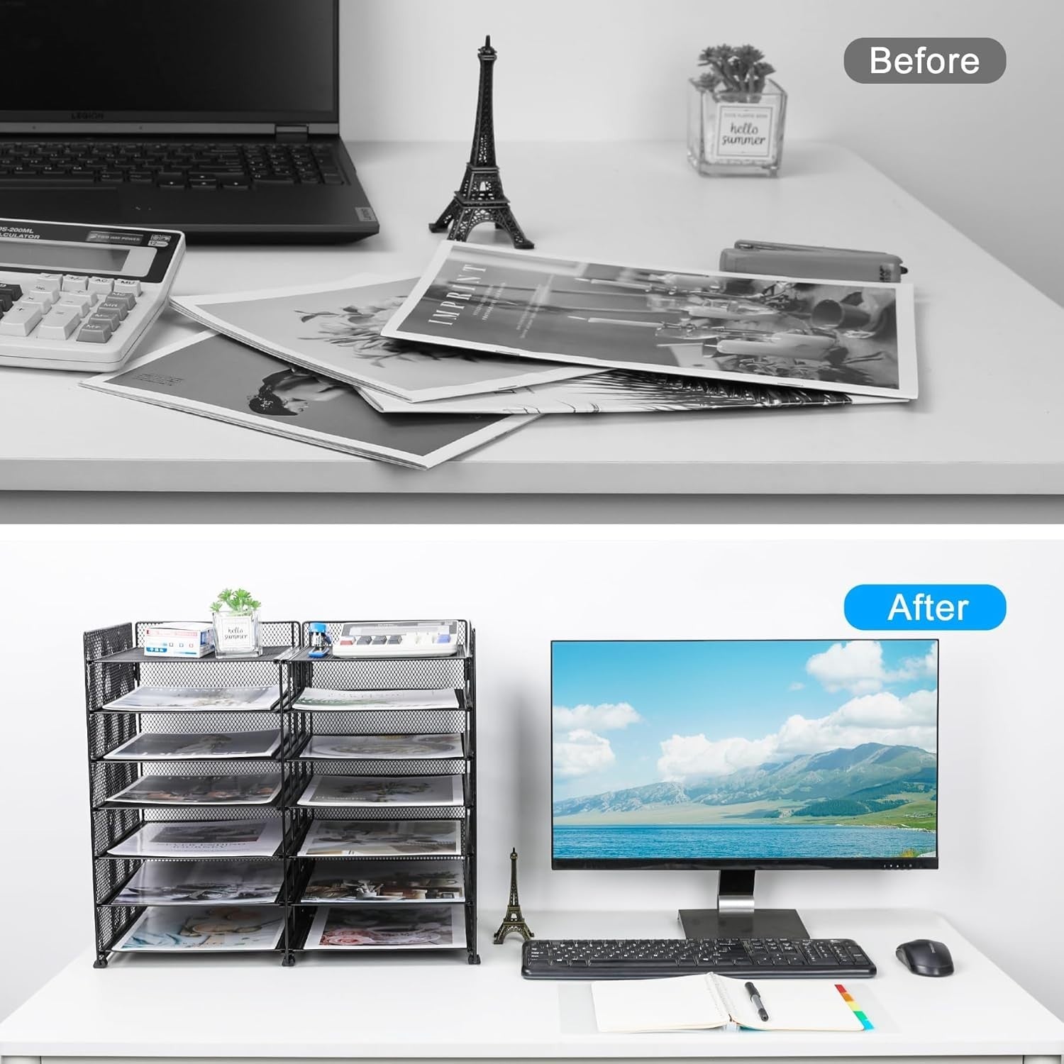 7-Tier Adjustable Mesh Desk Organiser, 12 Compartment File & Letter Tray Rack, B