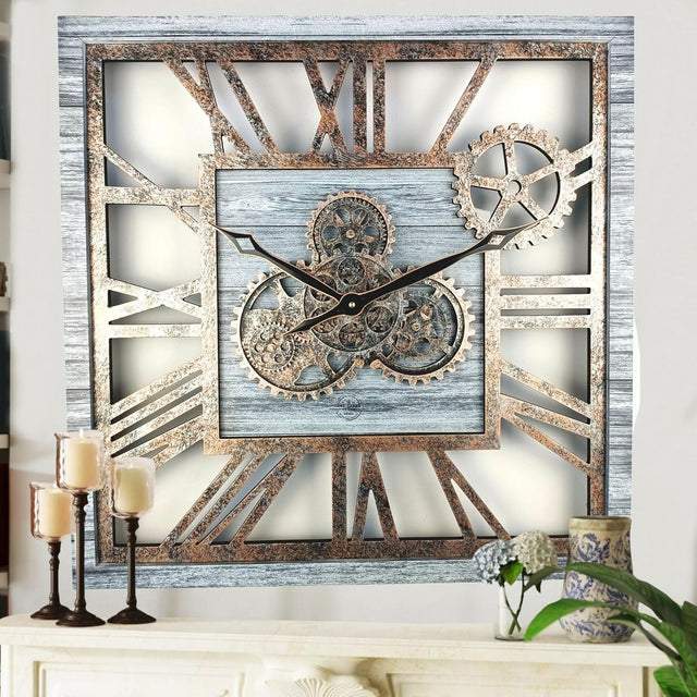 Oversized 24" Gear Wall Clock Square Silver Grey Vintage Industrial Decor
