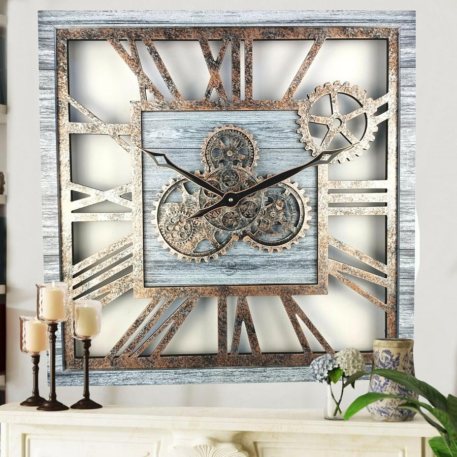 Oversized 24" Gear Wall Clock Square Silver Grey Vintage Industrial Decor