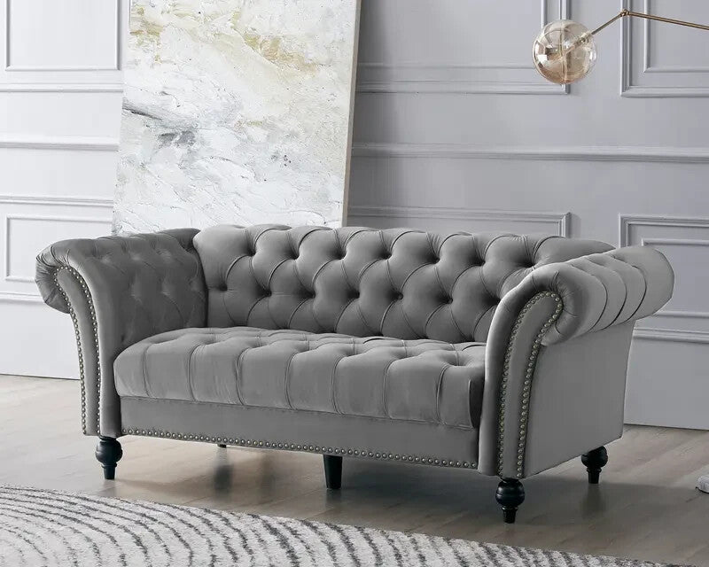 Chesterfield 3 Seater Sofa Grey Velvet | Tufted Scroll Arm Couch UK