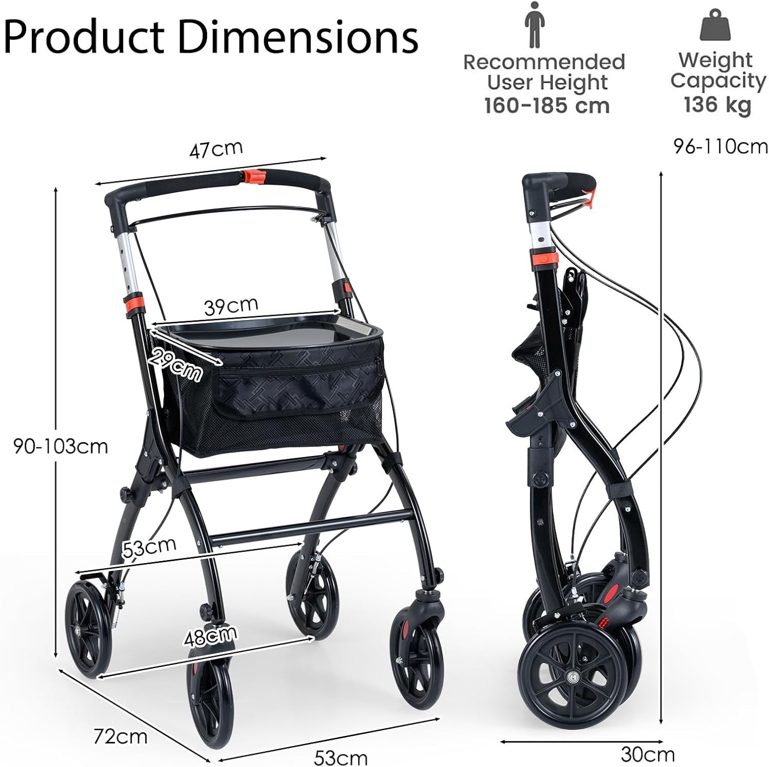 4 Wheel Rollator Walker Lightweight Folding Walking Aid Brakes Tray