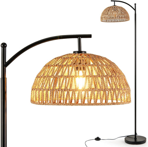 Arc Floor Lamp Woven Shade Foot Switch Tall Modern Standing Reading Light