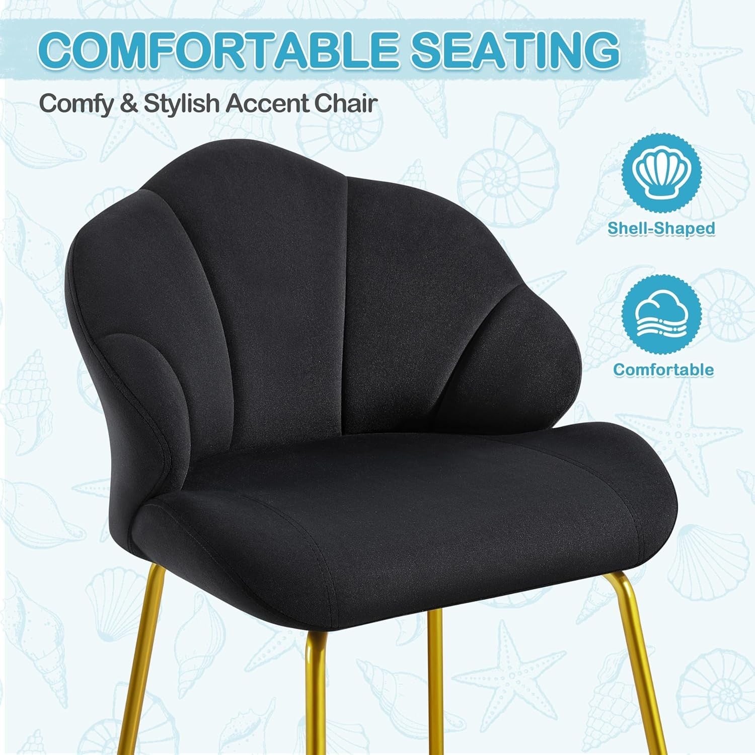 Black Velvet Accent Chair Shell Back Vanity Chair Gold Legs