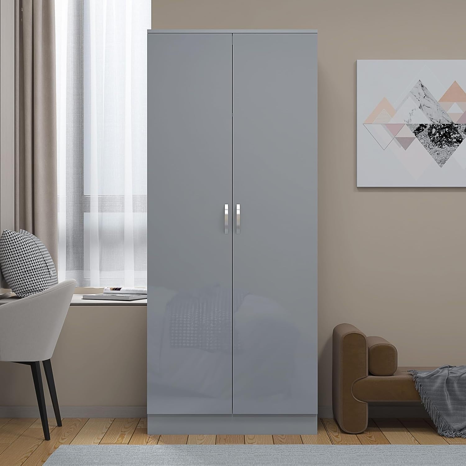 Grey High Gloss 2 Door Slim Wardrobe with Shelf & Hanging Rail 180cm