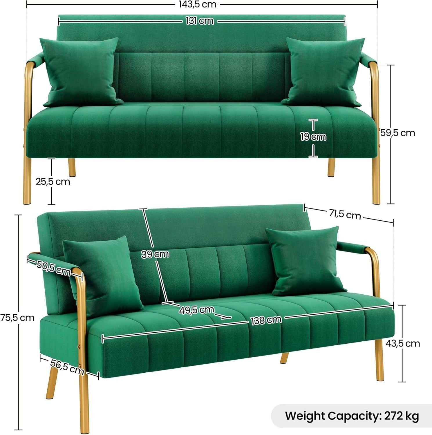 Green Velvet 2 Seater Sofa Gold Legs Modern Loveseat for Small Rooms Studio