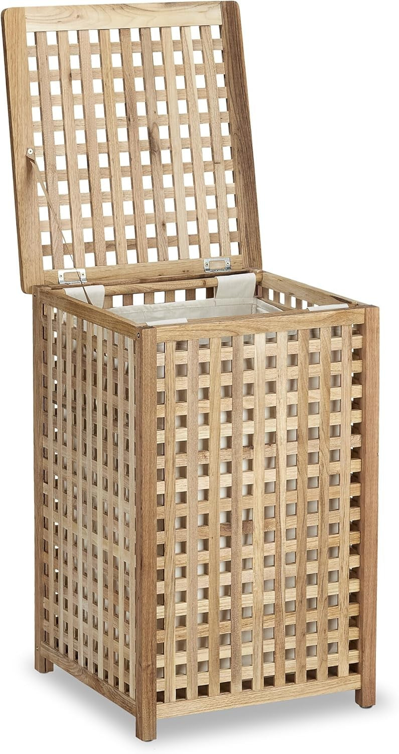 Walnut Wood Laundry Hamper with Lid & Linen Sack | 75L Woven Laundry Basket Natu