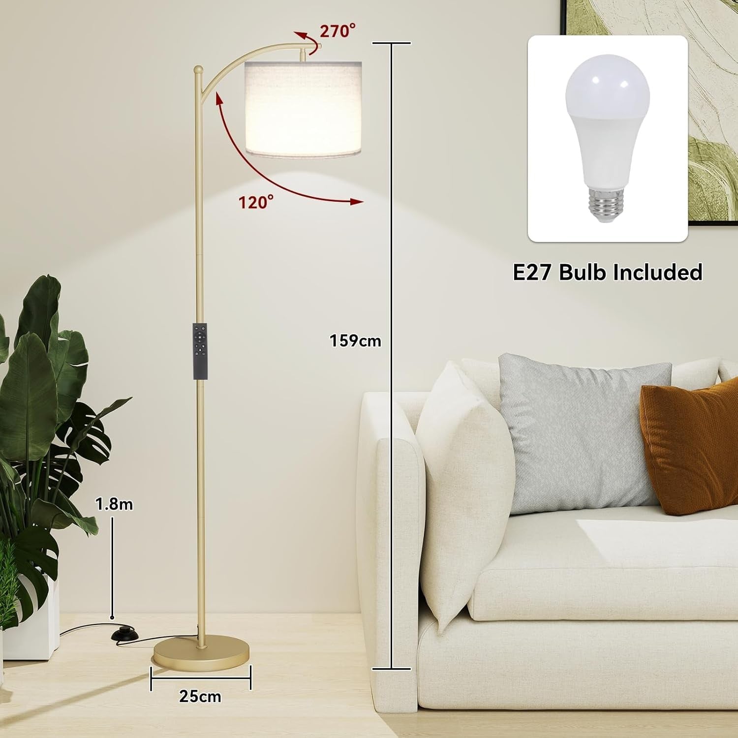 Gold LED Floor Lamp Remote Control Dimmable Adjustable Standing Reading Light