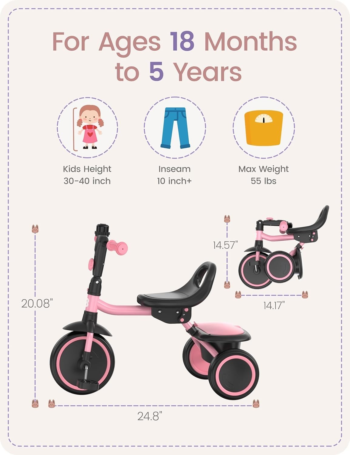 Kids Tricycle Toddler Trike Foldable Balance Bike Pink Age 18M-5Y