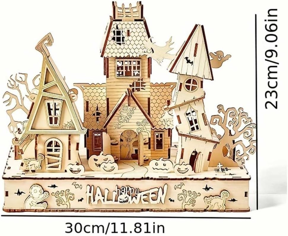 3D Wooden Halloween House Puzzle w/ LED Light | DIY Craft Kit Adults