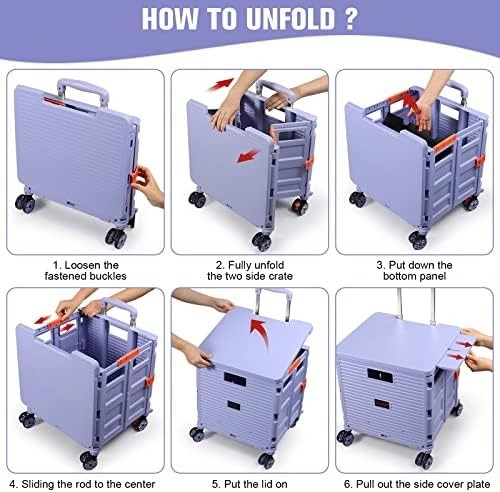 Heavy Duty Folding Shopping Cart 55kg Trolley 360° Wheels Foldable Purple