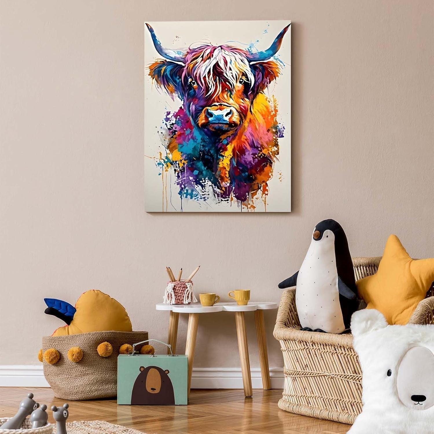 Colourful Highland Cow Canvas Wall Art 12x16in Framed Print