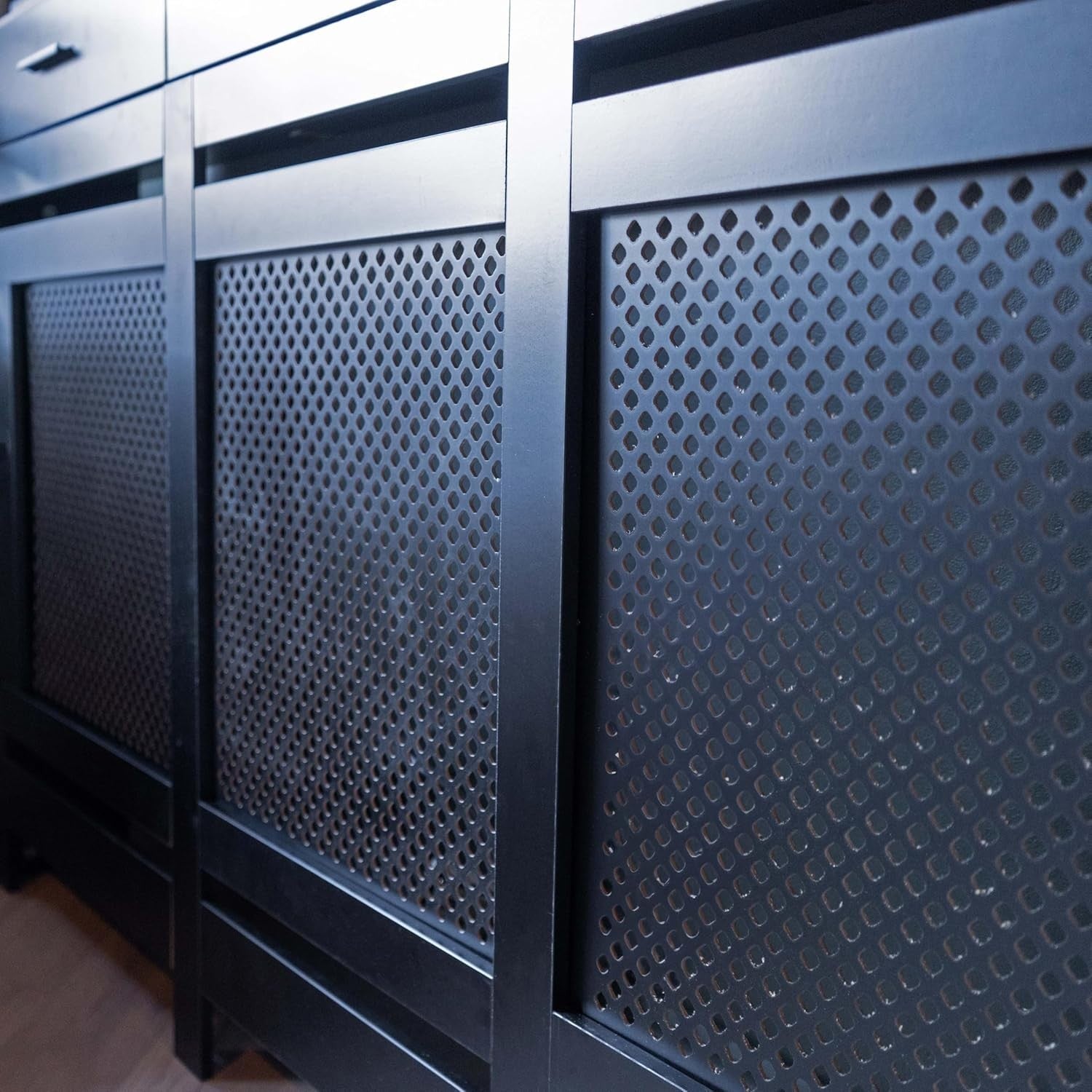 Large Black Radiator Cover with Drawers Diamond Slat W152xH96cm