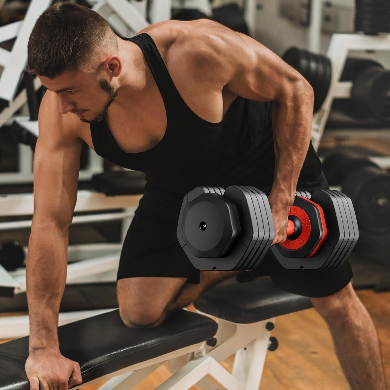 Adjustable Dumbbell Pair 24.5kg 5-in-1 One-Hand Dial Safety Lock