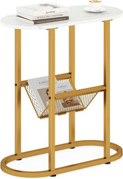 Slim Marble Oval Side Table with Shelf & Magazine Holder for Sofa & Bed