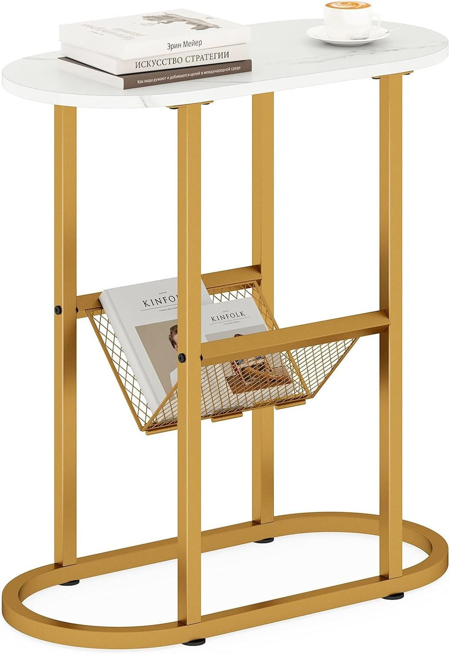 Slim Marble Oval Side Table with Shelf & Magazine Holder for Sofa & Bed