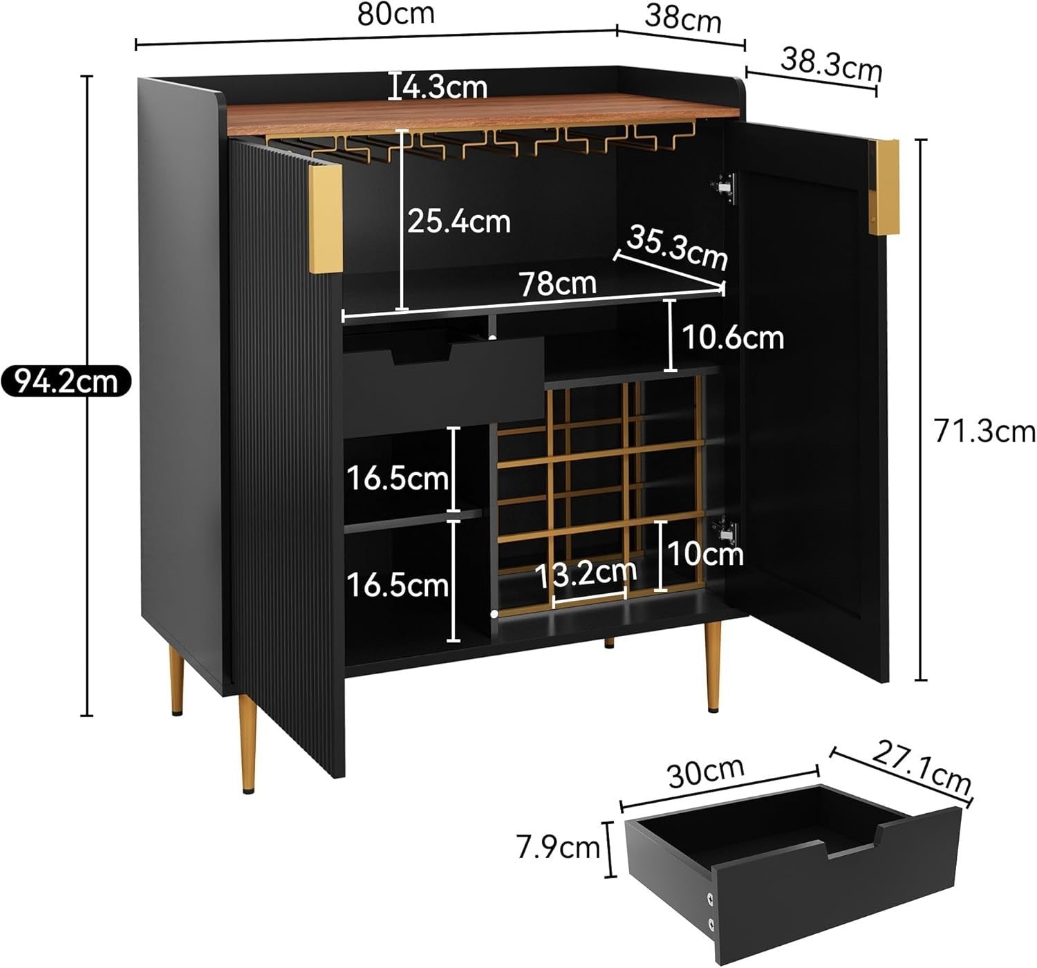 Modern Drinks Cabinet with Wine Rack & Glass Holders – 9 Bottle Sideboard