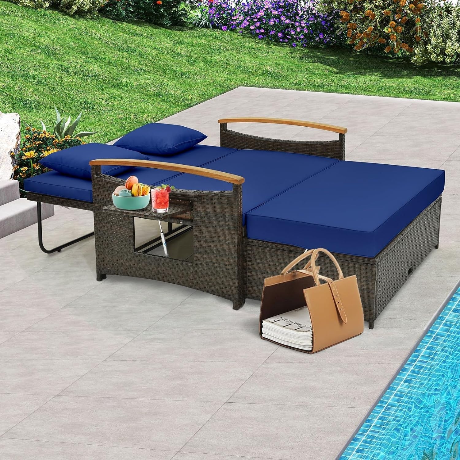 Adjustable Outdoor Rattan Daybed Double Chaise Lounge with Storage & Cushions