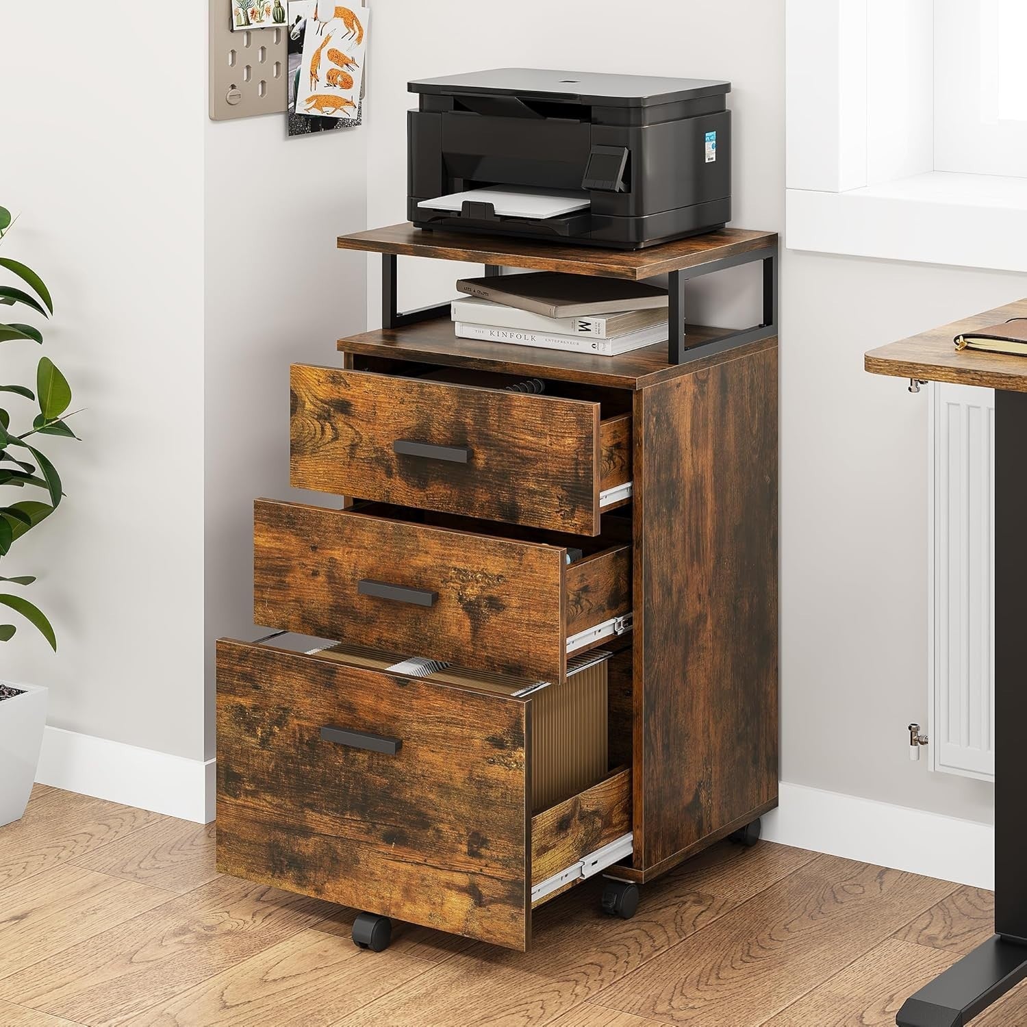 Rustic Mobile File Cabinet 3 Drawer Rolling Printer Stand Open Shelf