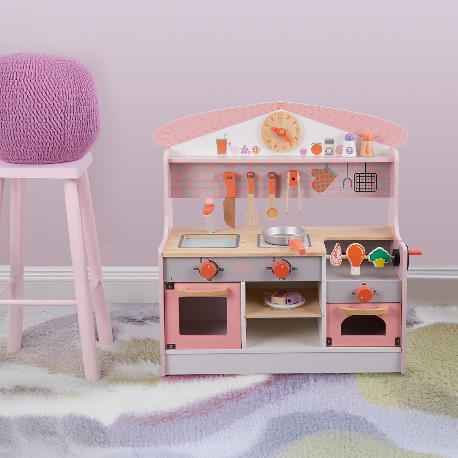 Kids Wooden Play Kitchen Pink w/ BBQ Grill Sound Accessories Set