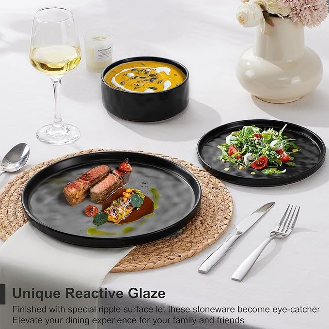 12 Piece Matte Black Stoneware Dinner Set for 4 Reactive Glaze Plates Bowls