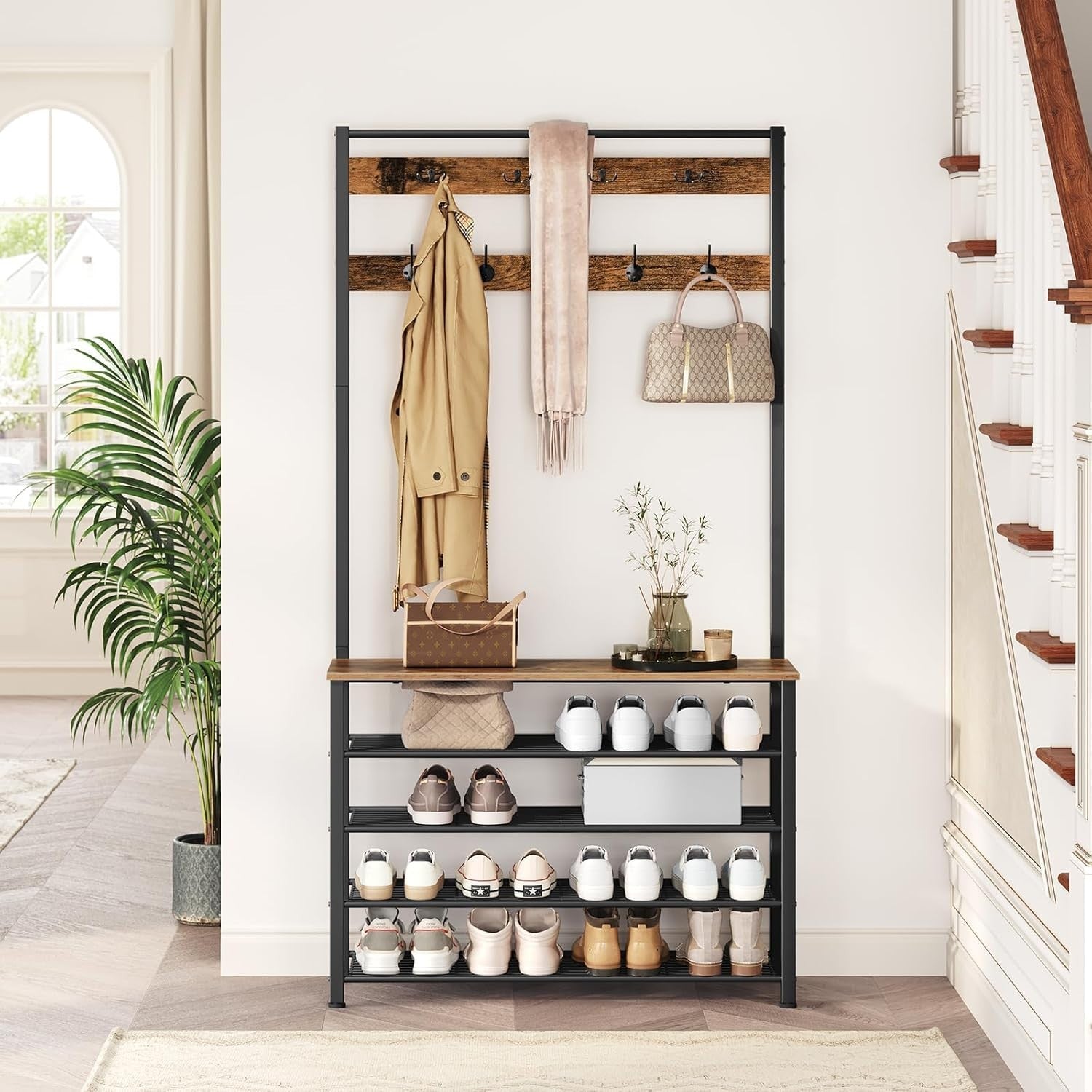 Large Coat Rack with Shoe Storage – 9 Hooks Hall Tree Unit 190cm