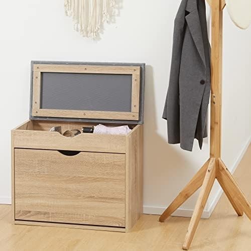 Natural Wood Shoe Storage Bench with Cushion Seat Flip-Up Cabinet & Hidden Space
