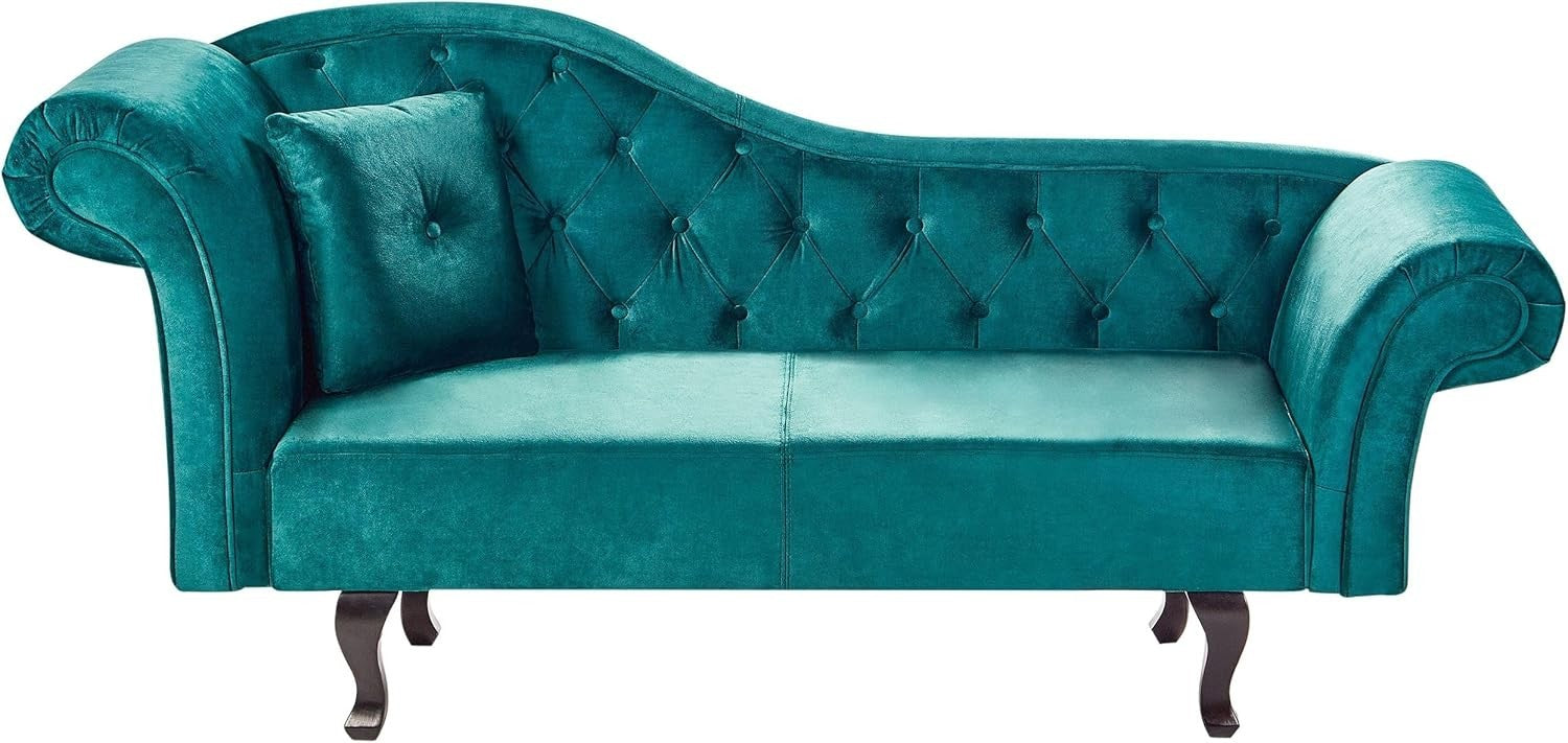Emerald Green Velvet Left Hand Chaise Lounge | Tufted Seat + Cushion, Retro Styl