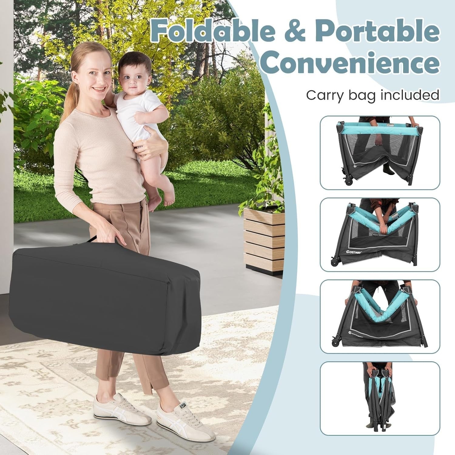 4in1 Travel Cot Baby Bedside Foldable Crib Bassinet Portable Playard Mint Green