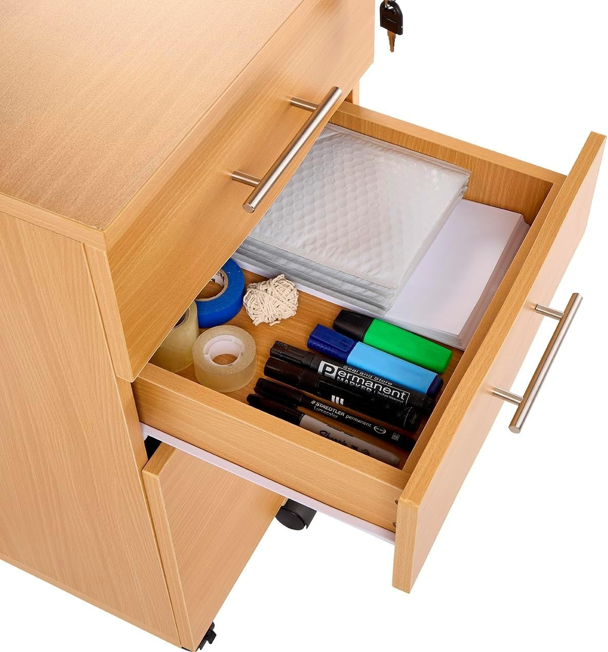 Beech Under Desk Filing Cabinet 3 Drawer Lockable Mobile 68cm