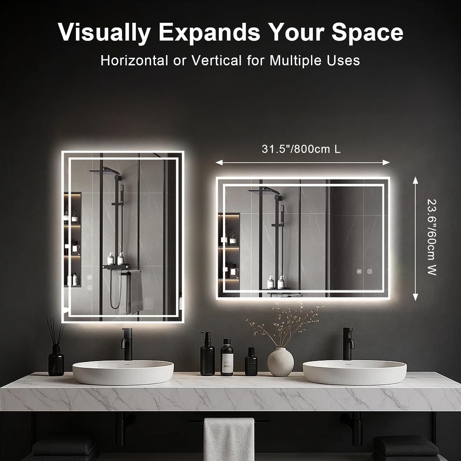 LED Bathroom Mirror 80x60cm Anti-Fog Touch Sensor Waterproof Dimmable Light