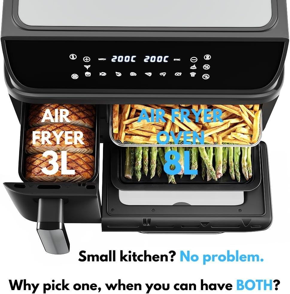 Dual Zone Air Fryer Oven Combo 9.5L Sync Cook 10 Presets Window Black