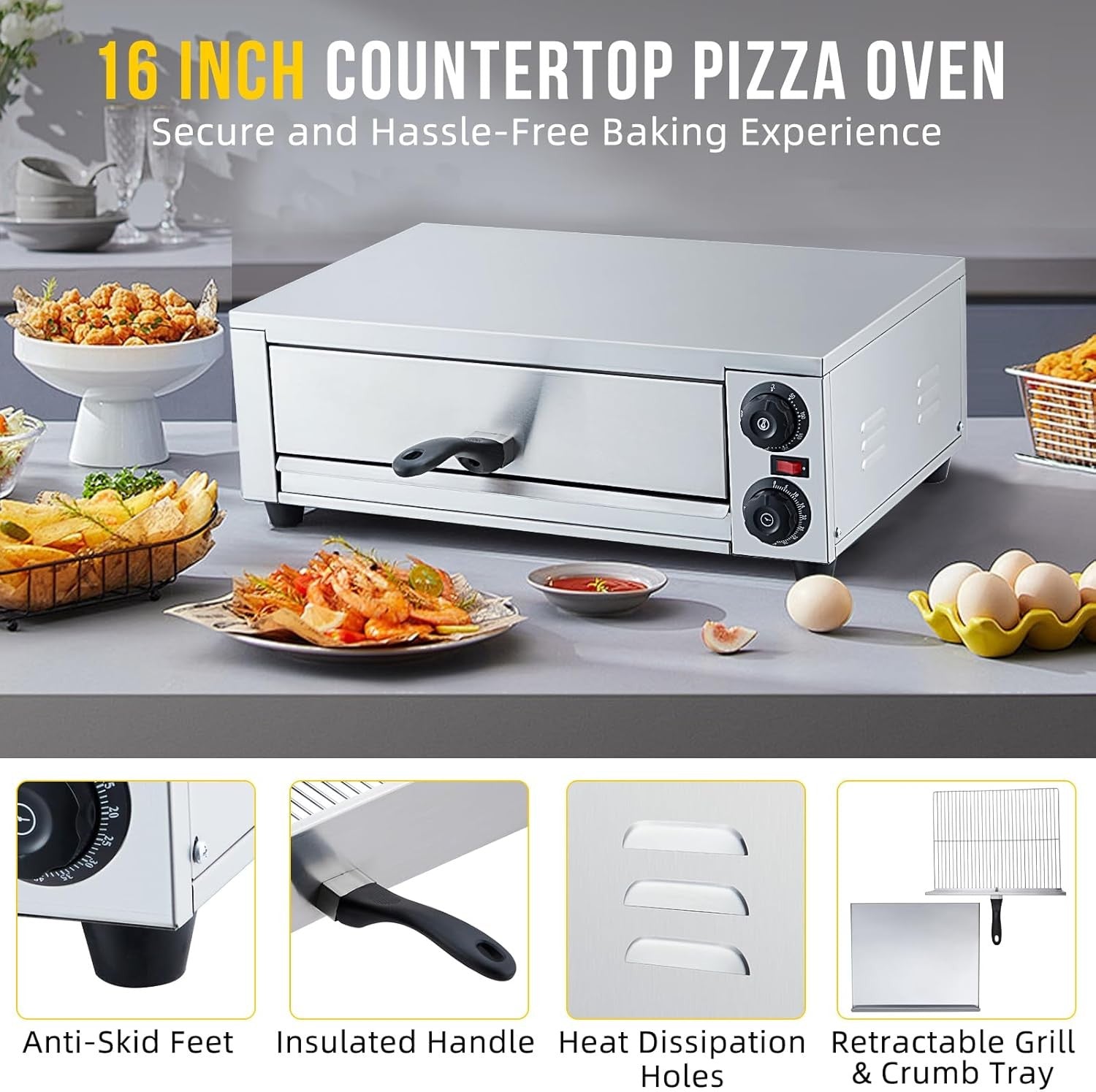16" Commercial Electric Pizza Oven | Stainless Steel Countertop Grill 1300W