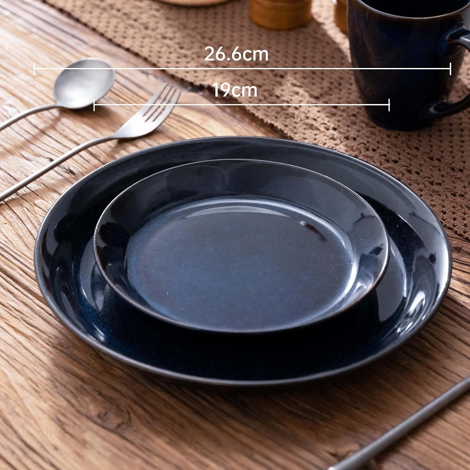6pc Blue Glazed Dinner Plates 19cm Stoneware Scratch Resistant Dishwasher Safe
