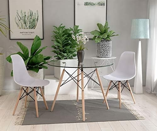 Round Glass Dining Table 90cm Tempered Top Eiffel Wood Legs Modern Kitchen