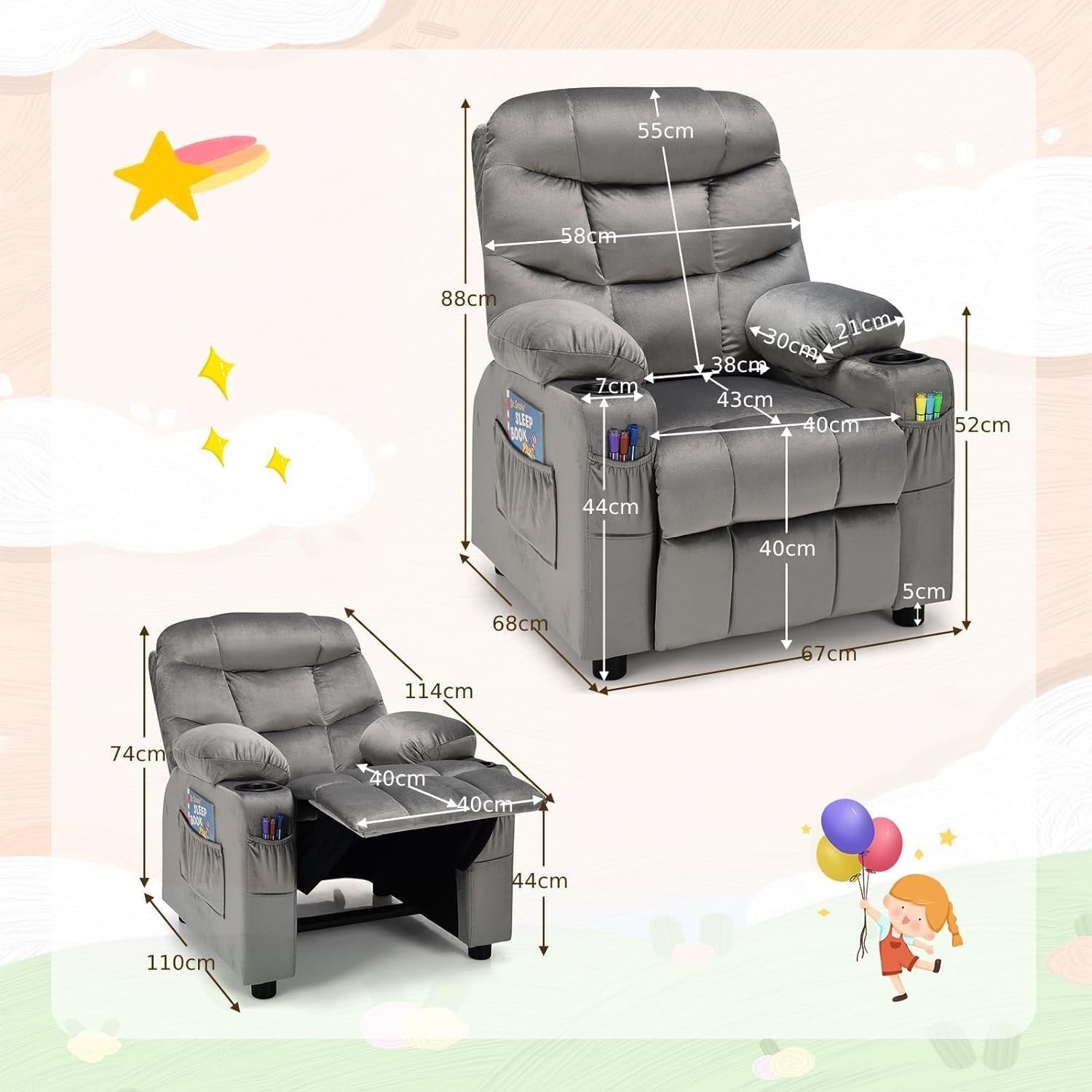 Adjustable Kids Recliner Chair with Footrest, Cup Holders & Side Pockets