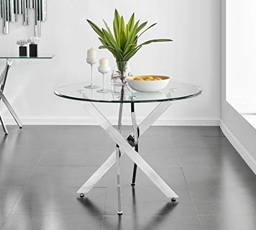Round 100cm Clear Glass Dining Table Silver Chrome Metal Legs 4 Seater