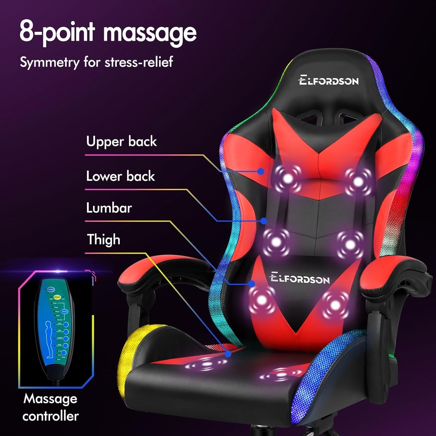 Red LED Gaming Chair RGB 8-Point Massage Recliner w/ Footrest