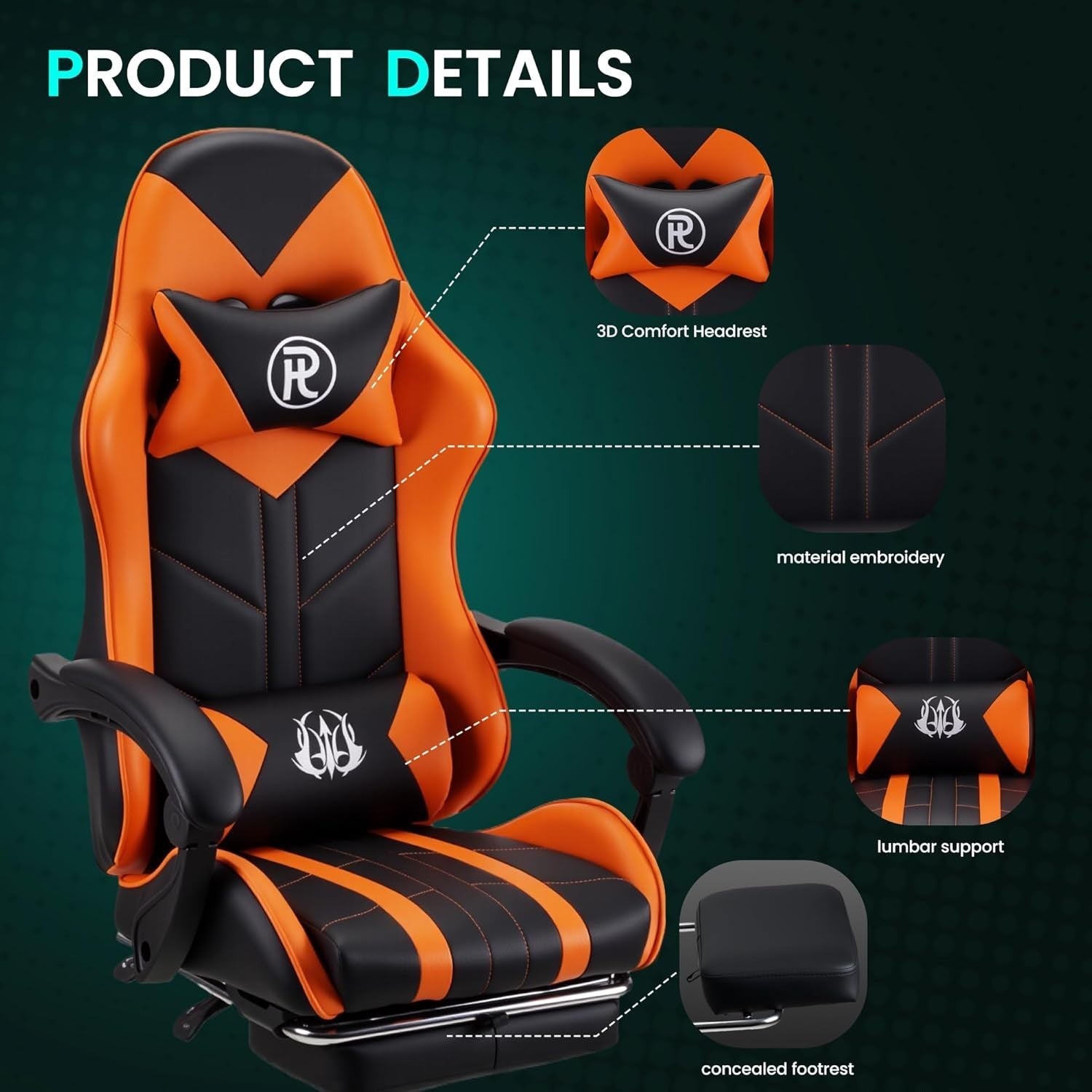 Ergonomic Orange Gaming Chair Recliner PU Leather Office PC Desk Seat