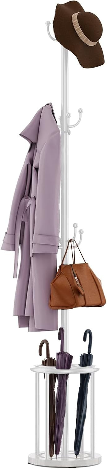 White Metal Coat Rack Stand | 12 Hook Freestanding Hall Tree with Umbrella Base