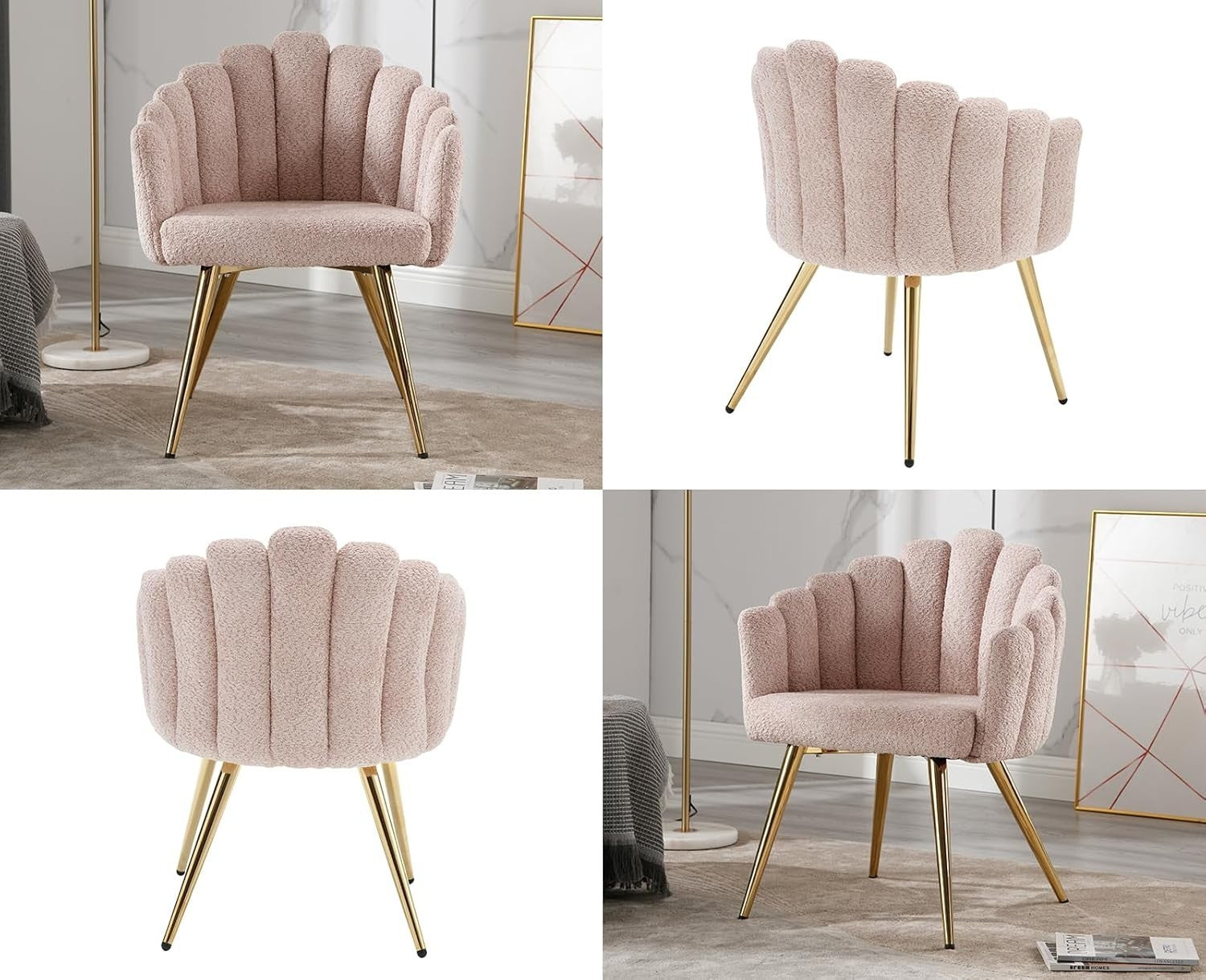 Pink Fabric Accent Armchair with Gold Legs – Modern Finger-Back Lounge Chair