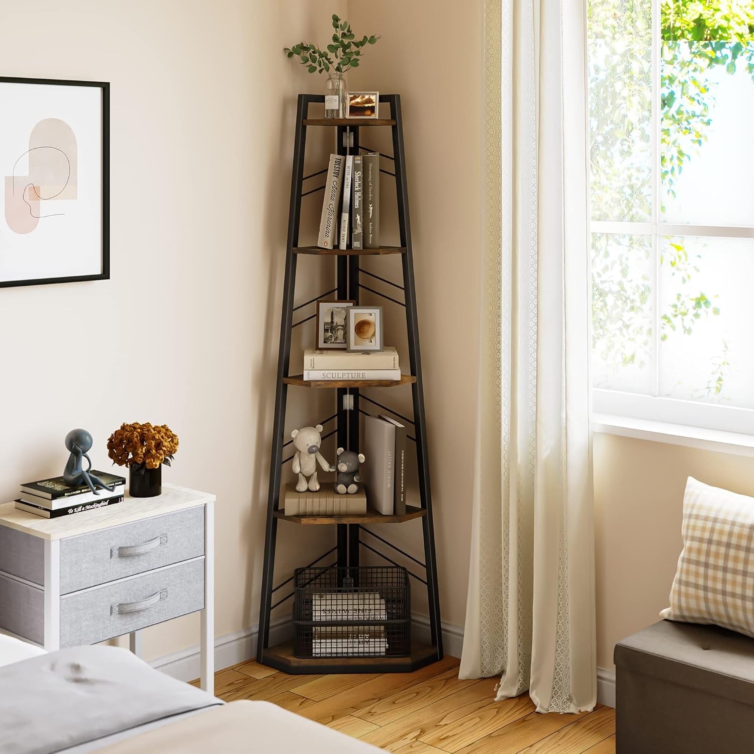 5-Tier Industrial Corner Shelf Unit – Space-Saving Ladder Bookcase for Living