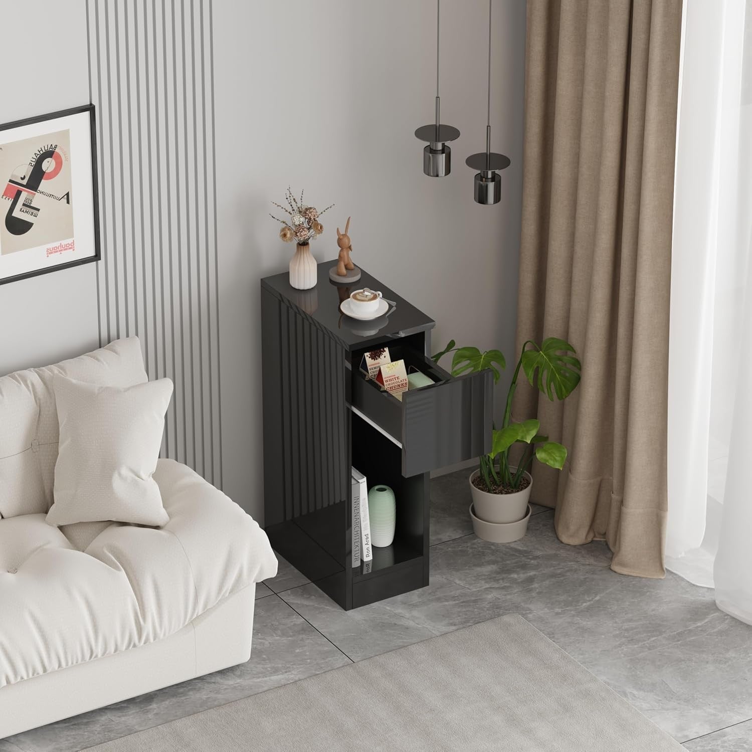 High Gloss Black Slim Bedside Table with Drawer & Shelf – Modern Narrow Nightsta