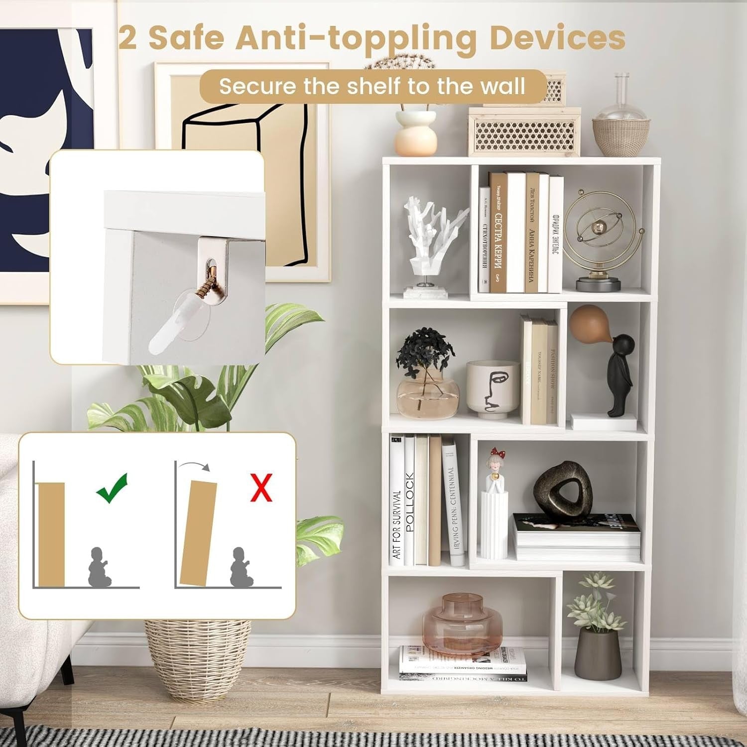 5-Tier White Geometric Bookcase Tall 8-Cube Modern Storage Shelf for Home Office