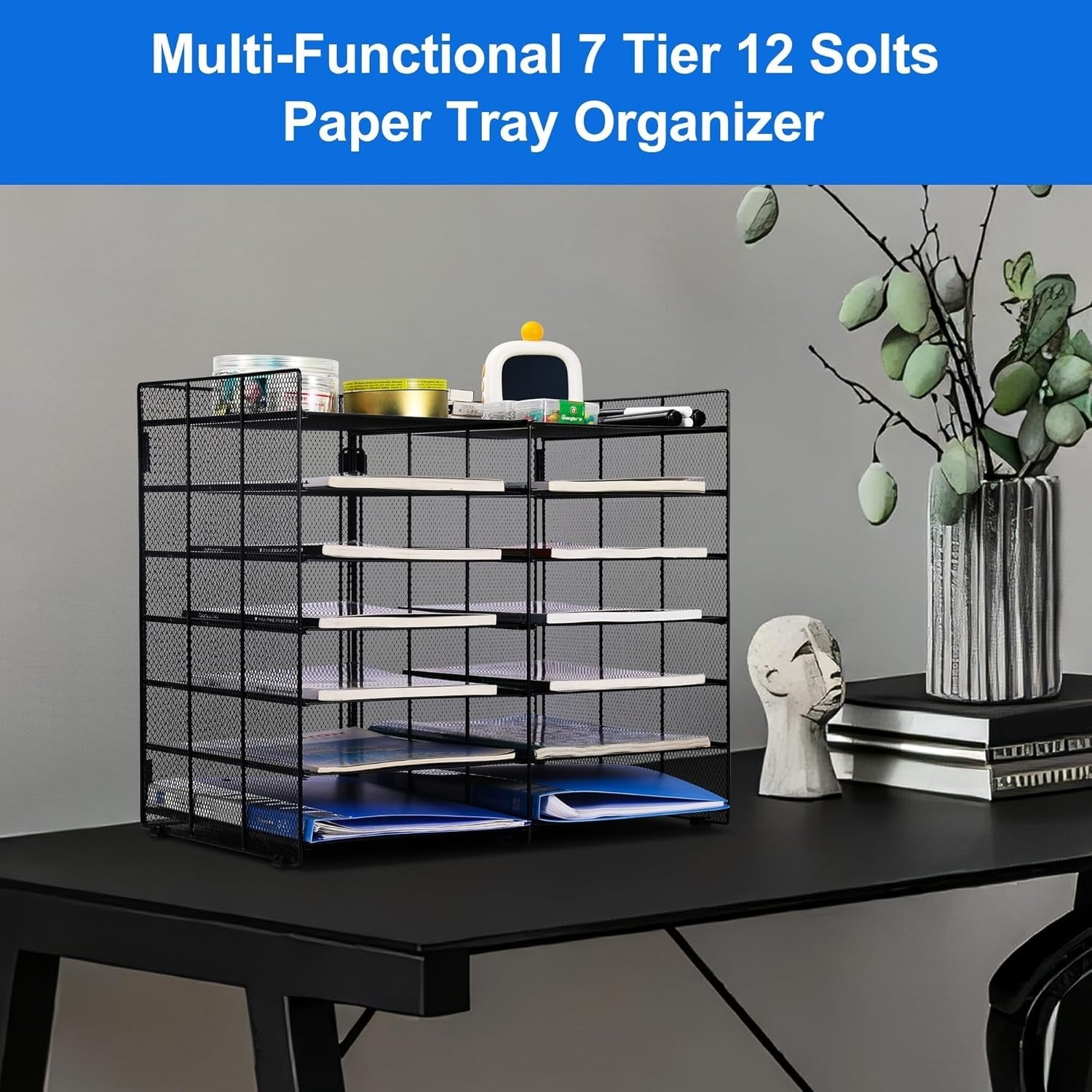7-Tier Mesh Desk Organiser 12 Compartments A4 Paper File Tray Black