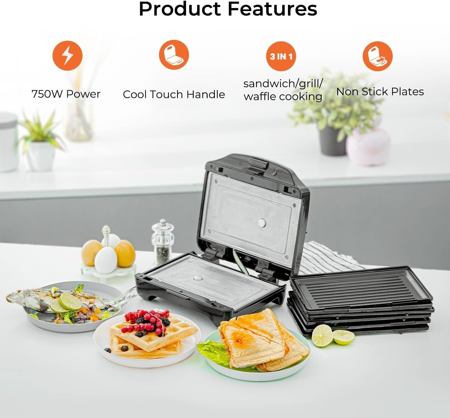 3-in-1 Sandwich Maker Waffle Panini Toastie Non-Stick Auto Temp 750W