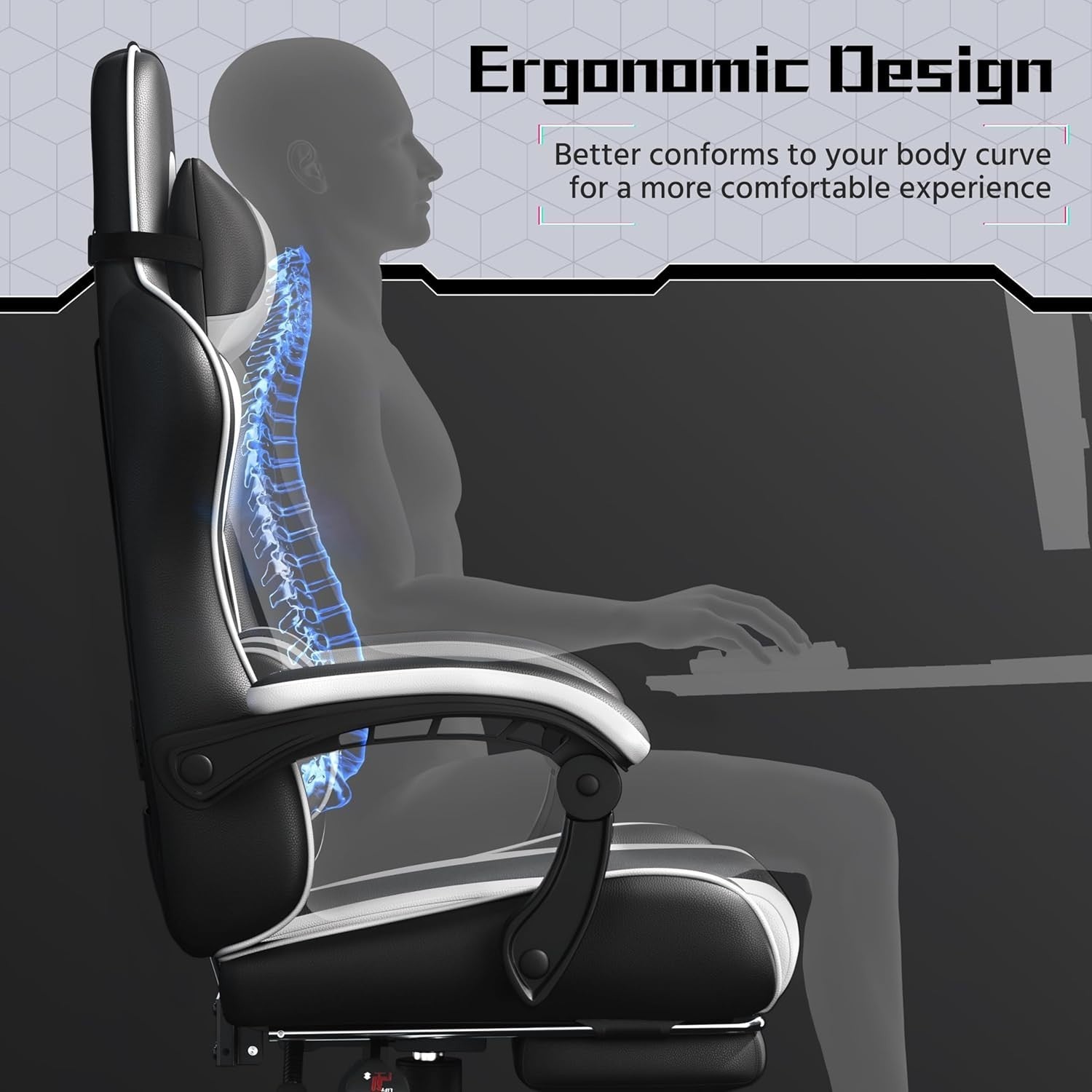 Gaming Chair Office Desk Large PU Leather Recliner w/ Footrest Lumbar Massage