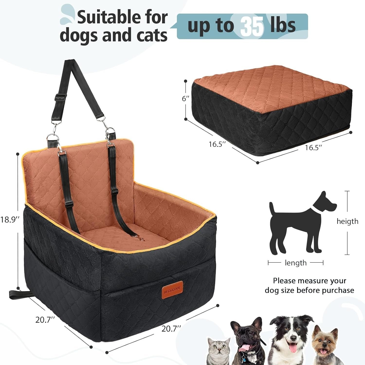 Memory Foam Dog Car Seat Booster Bed Washable Safety Belts 35lbs