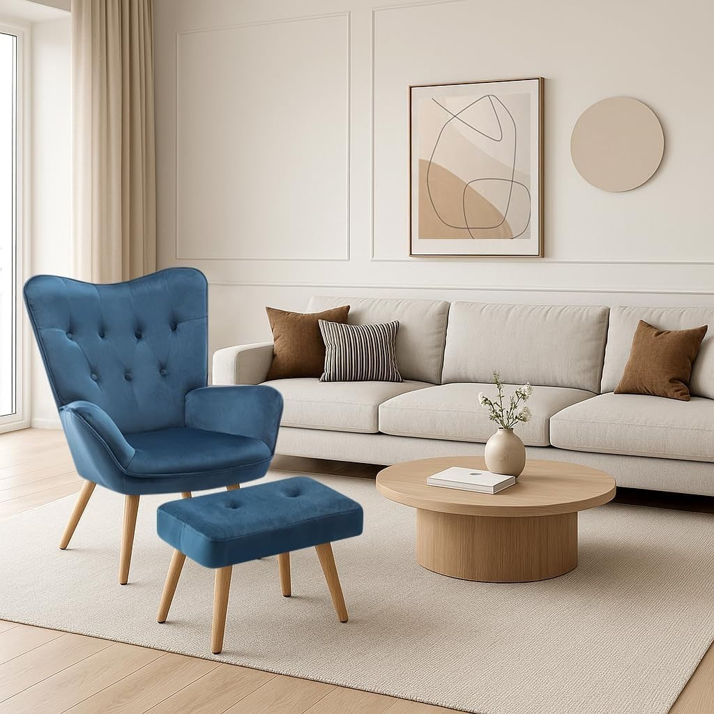 Blue Velvet Armchair with Footstool, Comfy Reading Lounge Chair Set