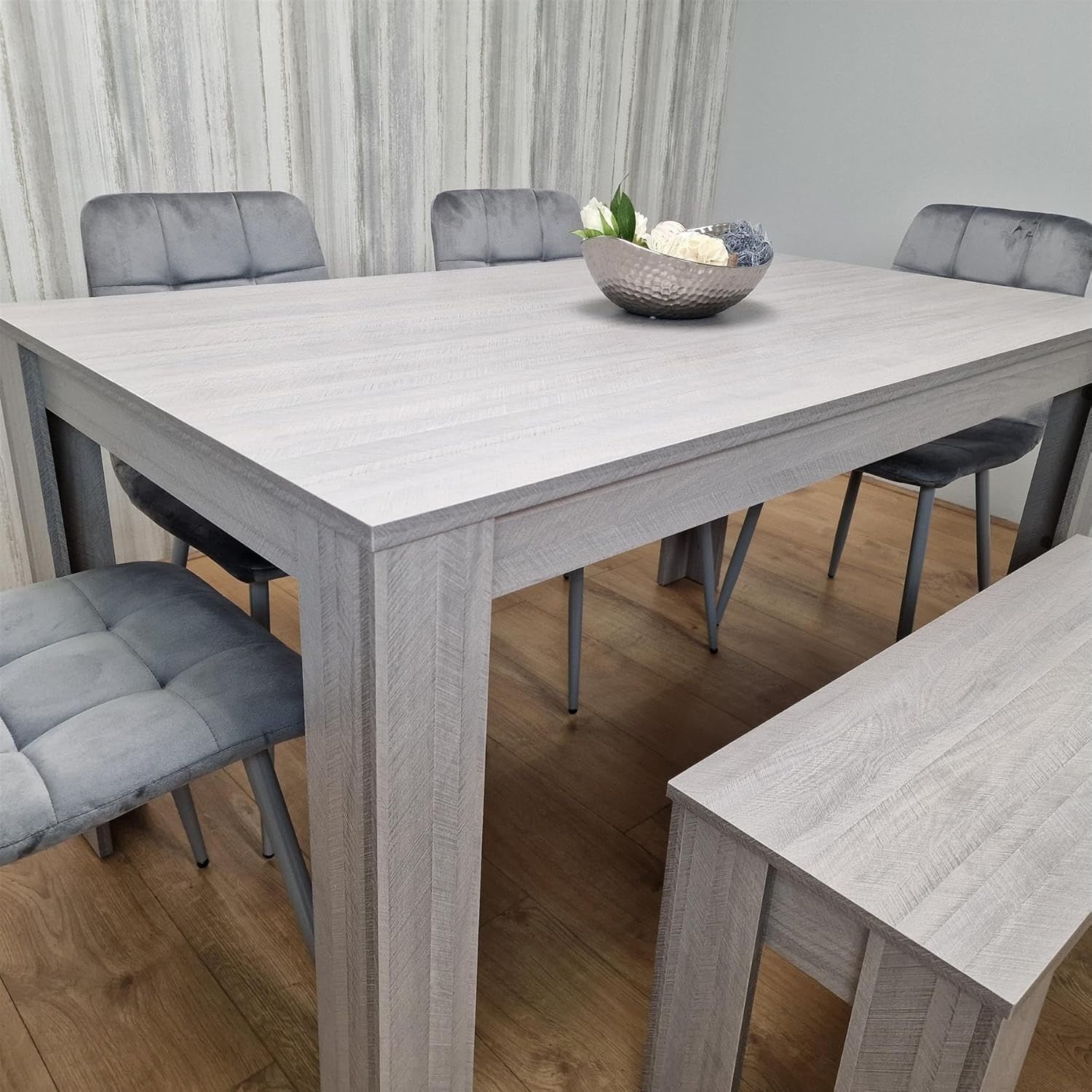 Grey Velvet Dining Table Set with 4 Chairs & Bench – Durable, Stylish Design