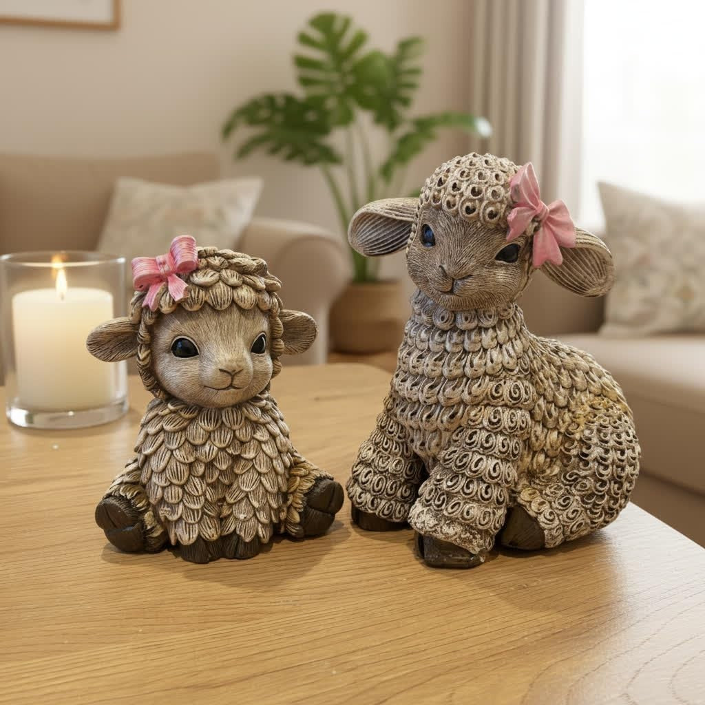 Cute Rustic Lamb Ornament with Pink Bow | Farmhouse Resin Sheep Figurine Gift
